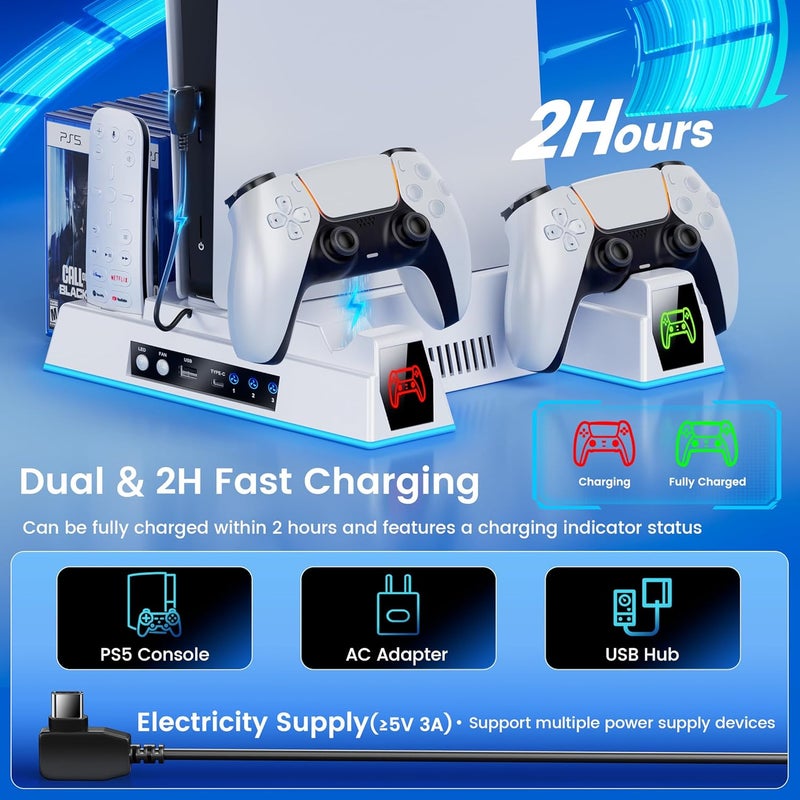 Svetaecho PS5/Slim/Pro Stand and Turbo Cooling Station with Controller Charging Station for PlayStation 5 Digital/Disc Console, LED Cooling Stand PS5/Slim/Pro Accessories Kit with 3 Level Cooler Fan - Image 3